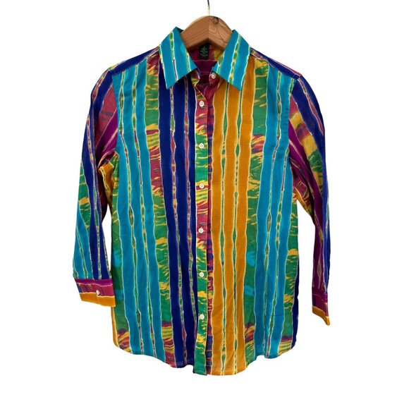 Lauren Ralph Lauren Tie-Dye India 90s Y2K Vintage 3/4 Slv Button-Down Shirt S - Picture 1 of 6